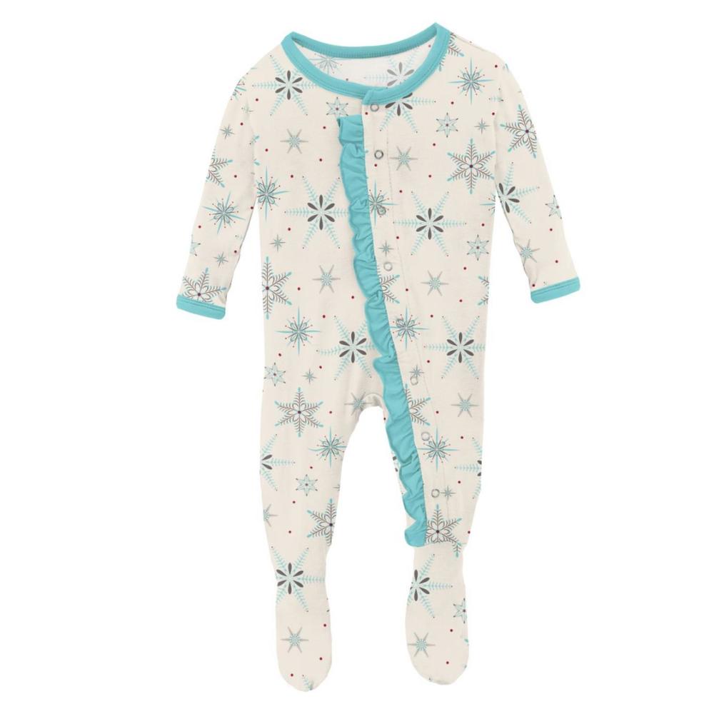 NEW KICKEE kids' ruffle footie with snaps in natural snowflakes